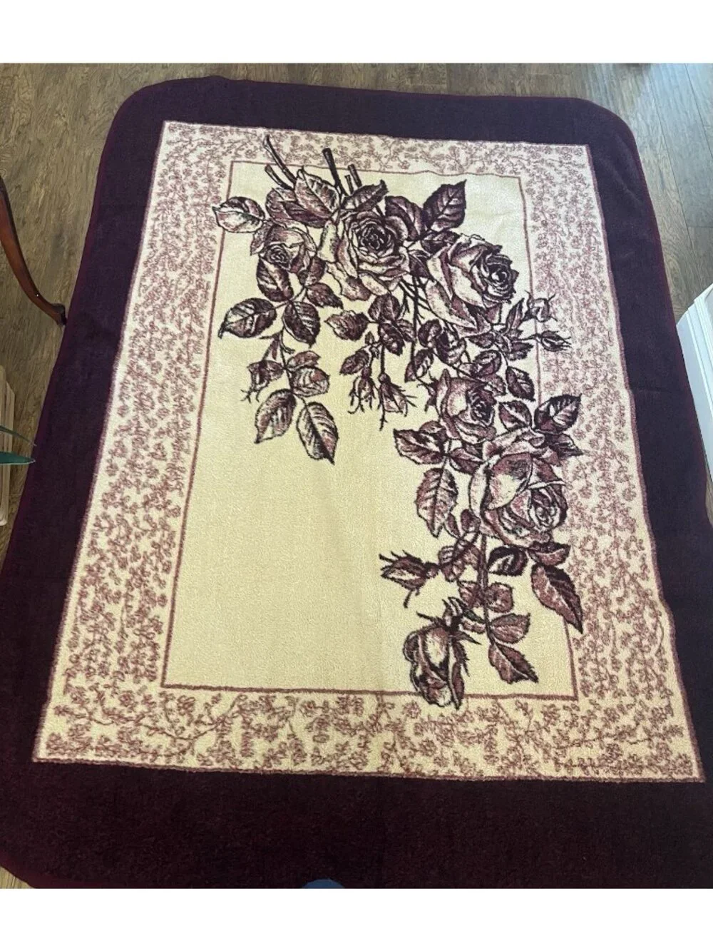 Vintage San Marcos Original Floral Rose Blanket Burgundy Acrylic Made in Mexico